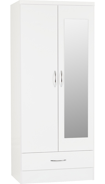 Nevada Mirrored 2 Door 1 Drawer Wardrobe In White Gloss